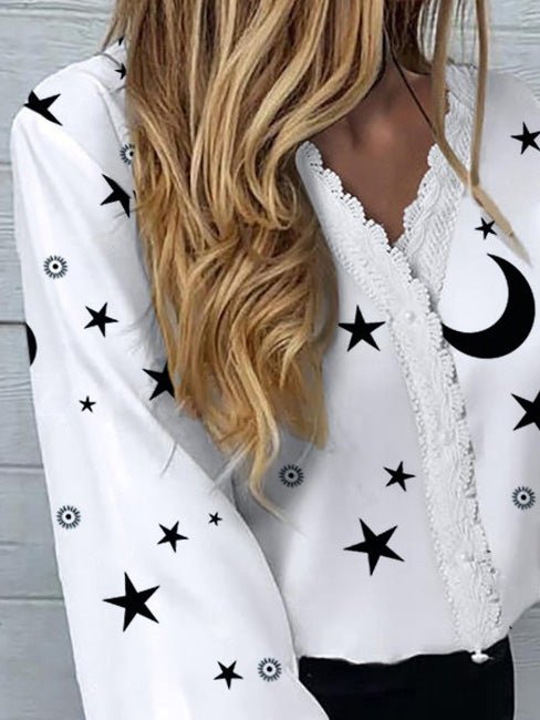 Blouses - Star Moon Print Lace Long Sleeve Blouse - MsDressly