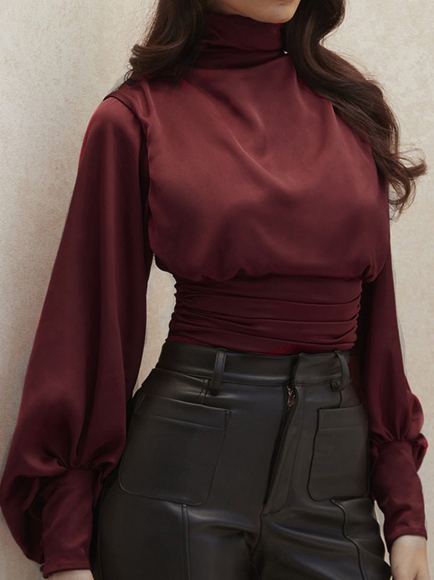 Turtleneck Bare Back Balloon Sleeve Blouse
