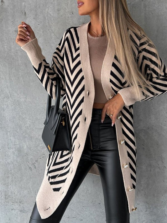 Strip Print Button Knitted Cardigan