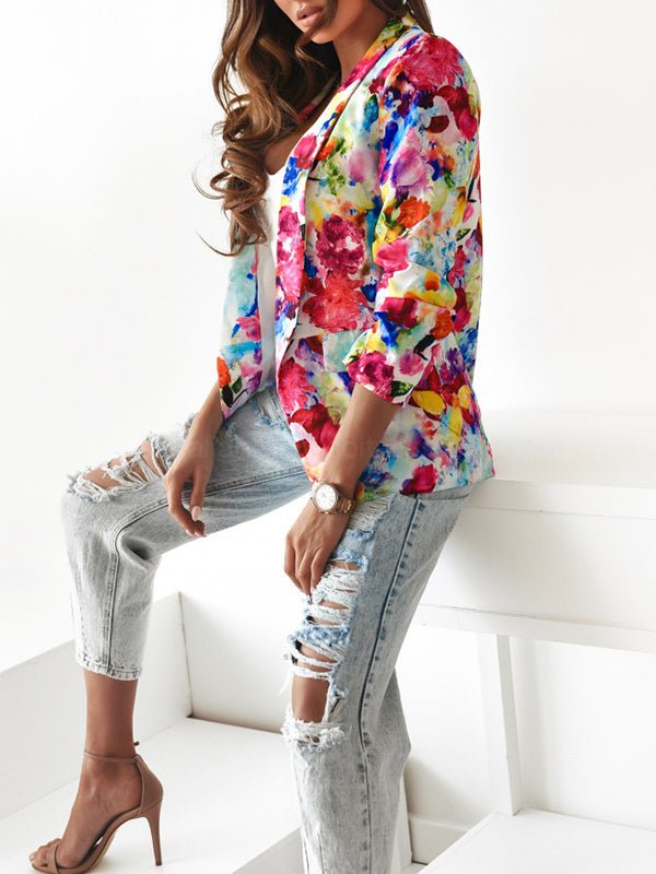 Coats - Fashion Floral Print Padded Shoulder Coat - MsDressly