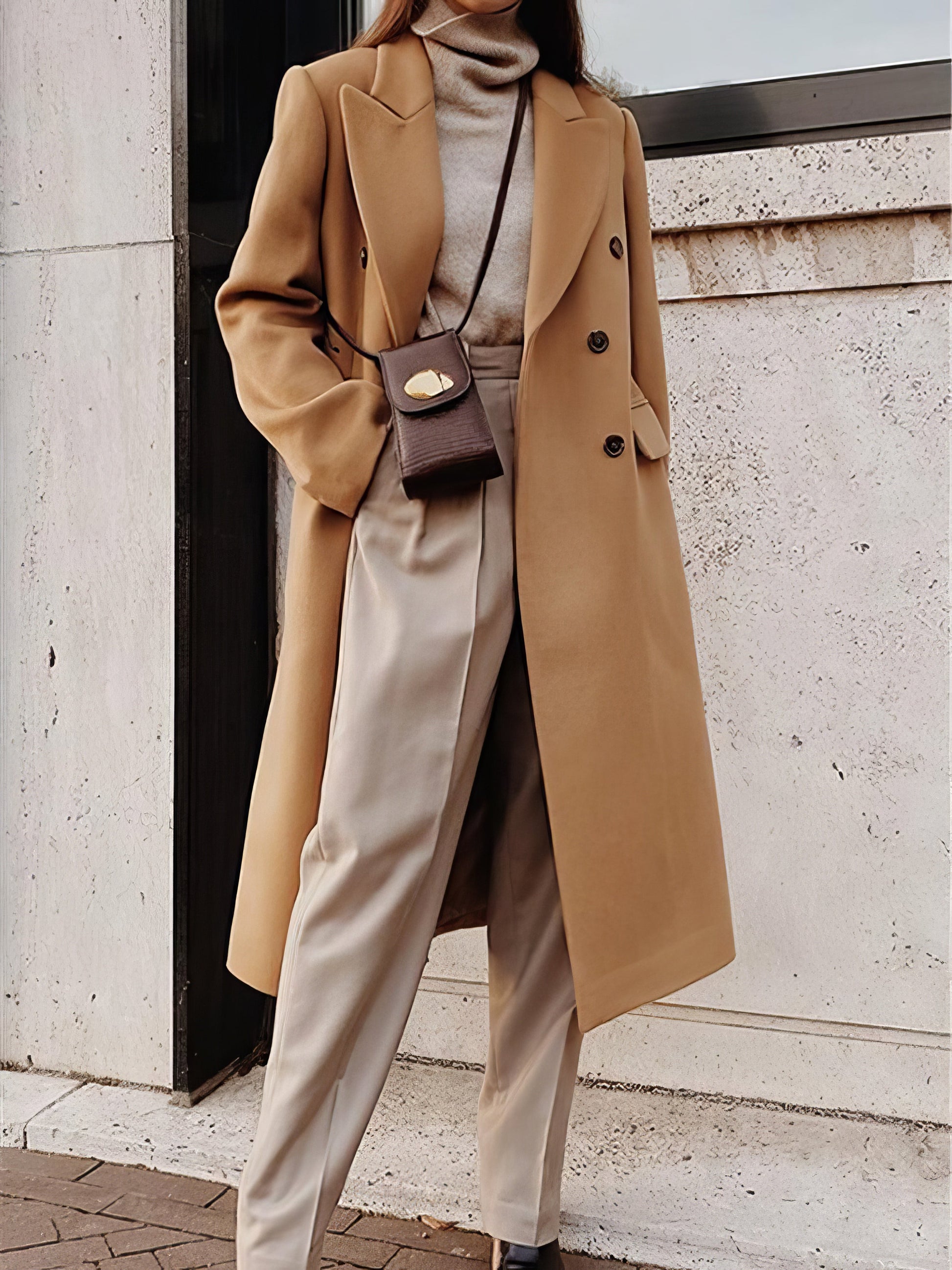 Coats - Lapel Button Long Sleeve Woolen Coat - MsDressly