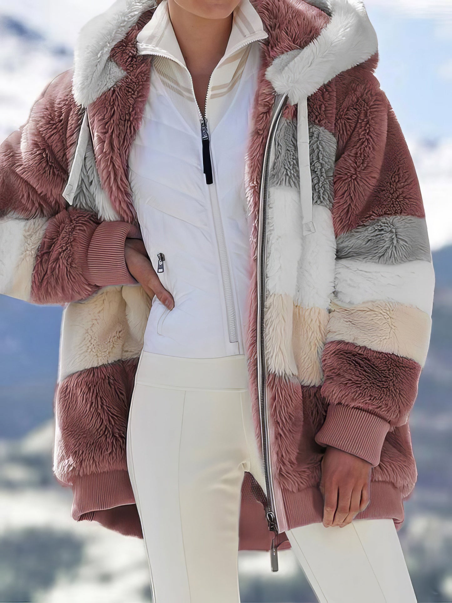 Coats - Plush Multicolor Hooded Zipper Coat - MsDressly