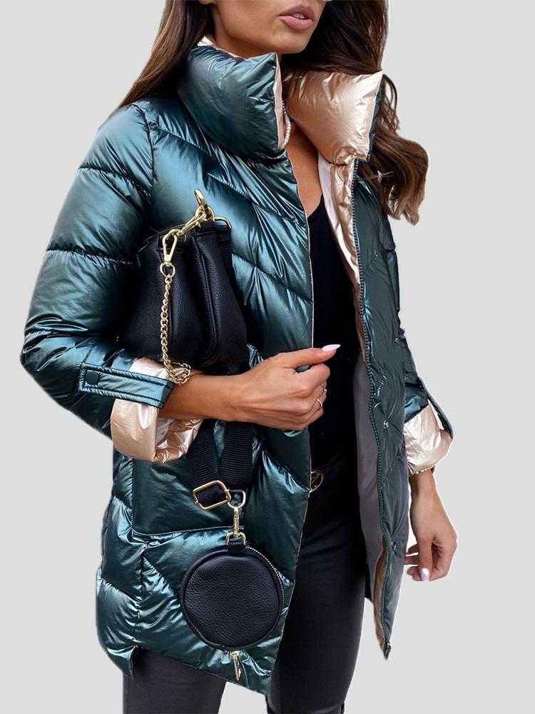 Coats - Solid Glossy Stand-Up Collar Zipper Cotton Coat - MsDressly