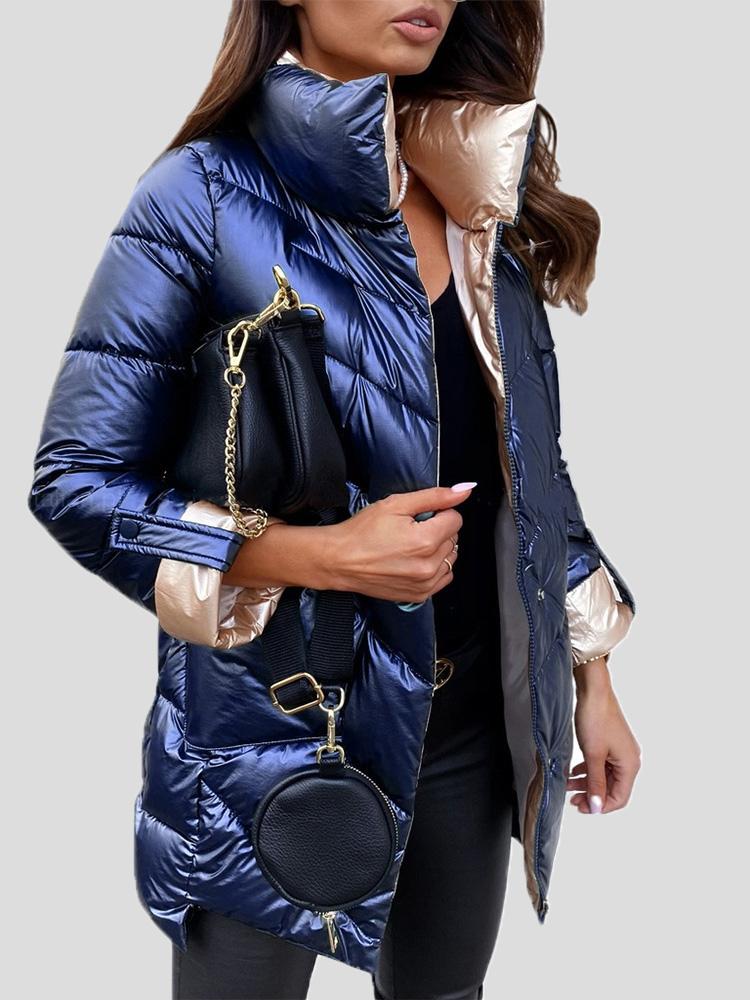 Coats - Solid Glossy Stand-Up Collar Zipper Cotton Coat - MsDressly