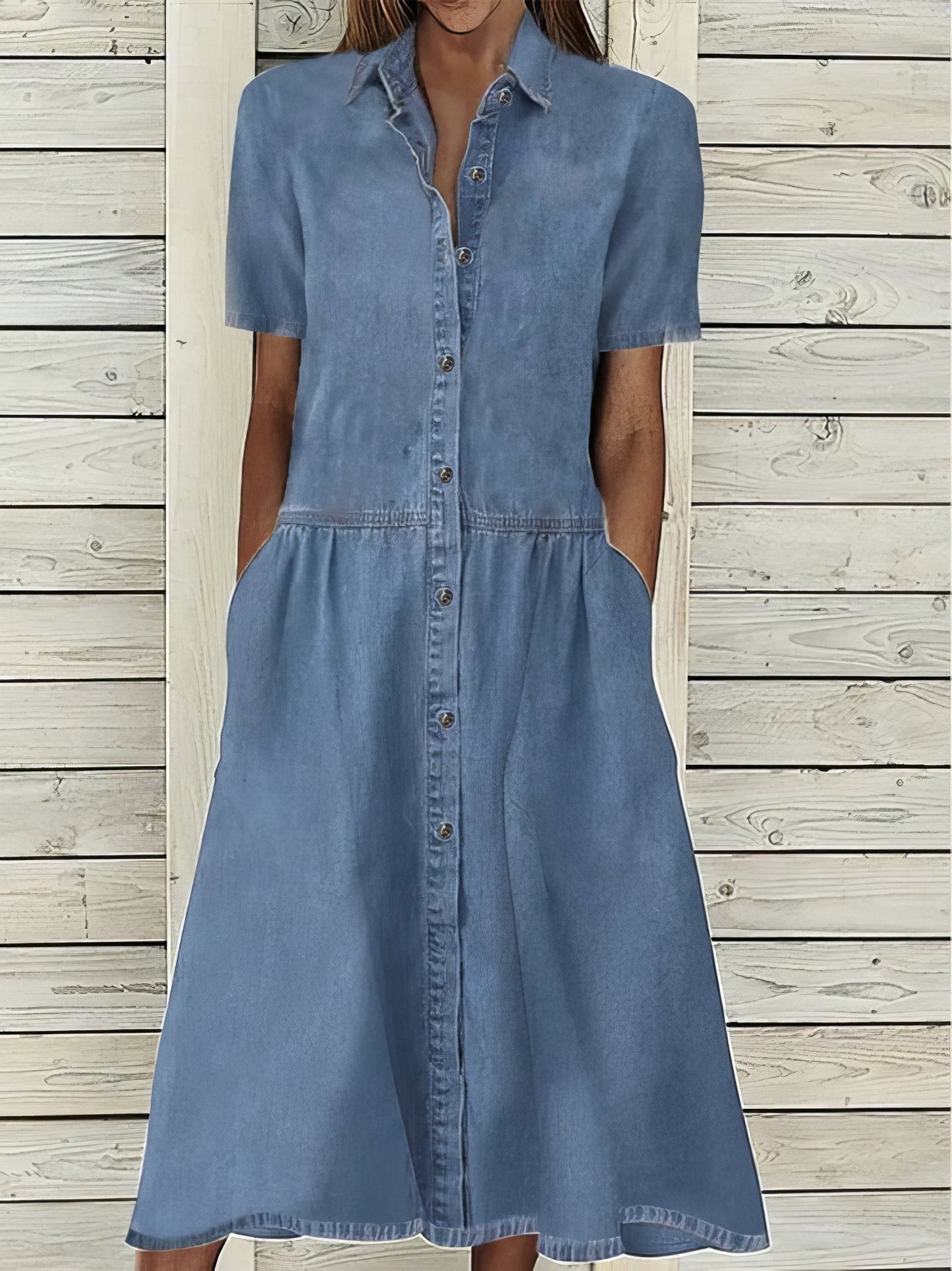 Maxi Dresses - Casual Lapel Button Pocket Denim Dress - MsDressly