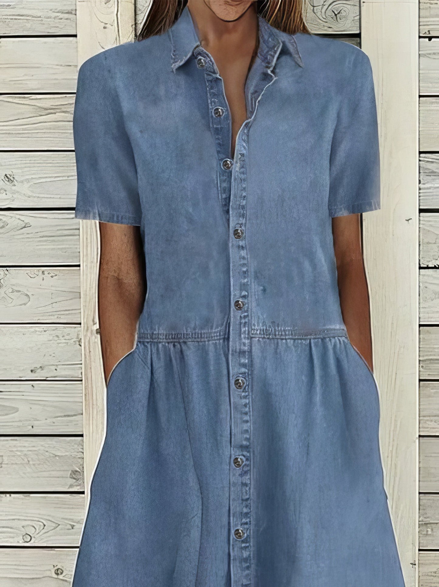 Maxi Dresses - Casual Lapel Button Pocket Denim Dress - MsDressly