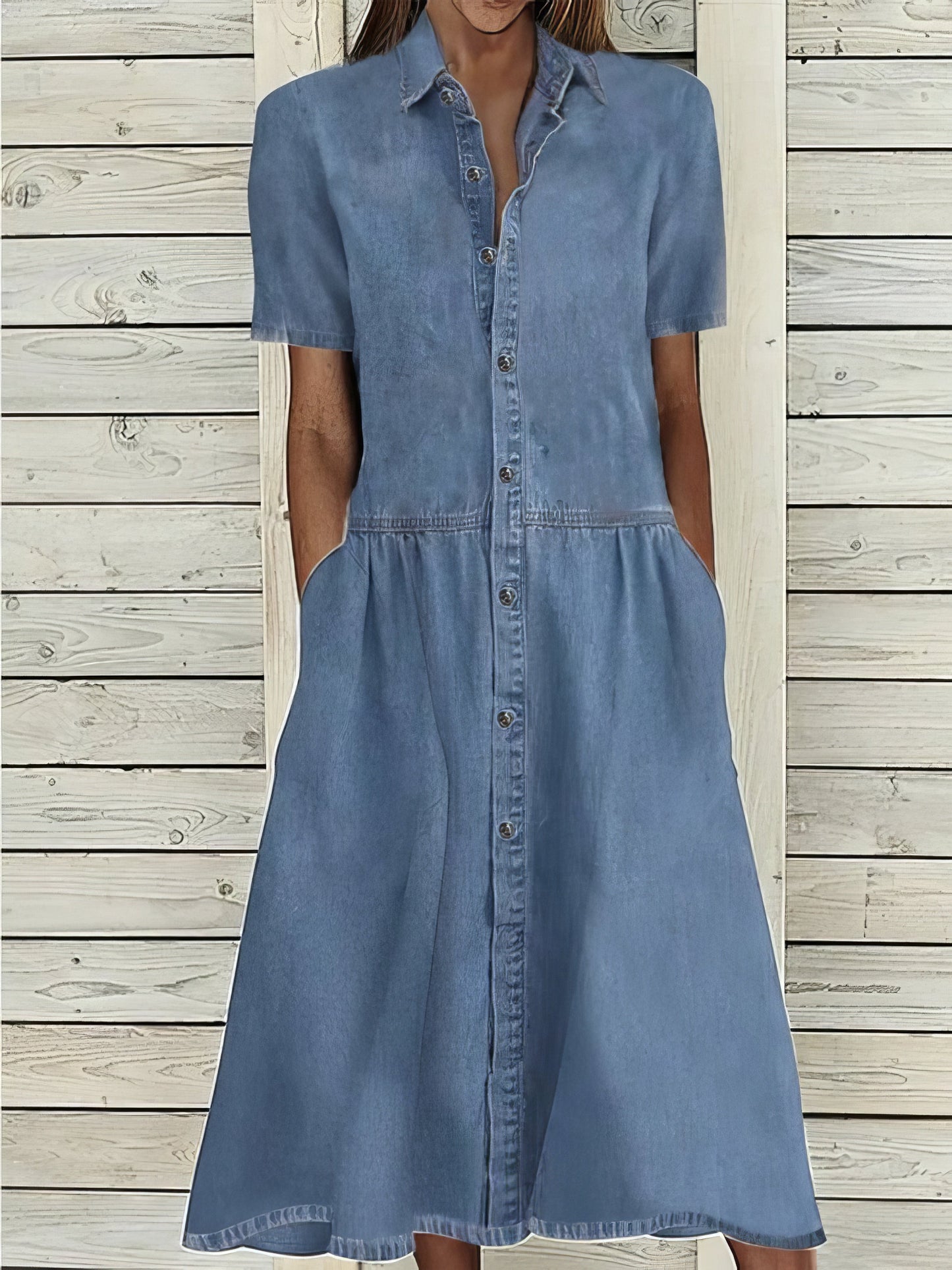 Maxi Dresses - Casual Lapel Button Pocket Denim Dress - MsDressly