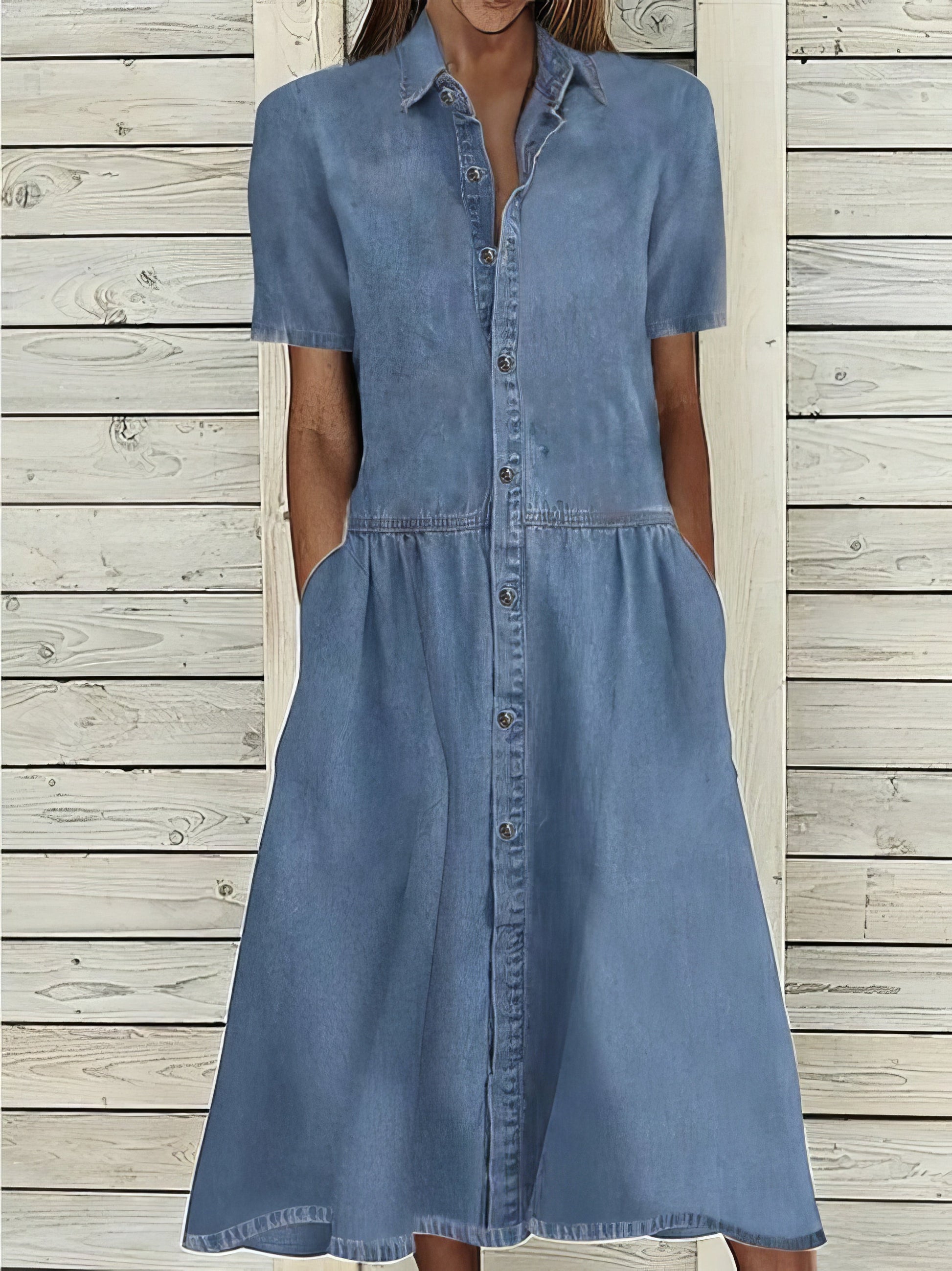 Maxi Dresses - Casual Lapel Button Pocket Denim Dress - MsDressly