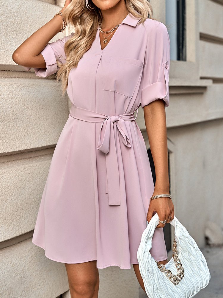 Mini Dresses - Fashion Solid Color Lapel Half Sleeve Mini Dress - MsDressly