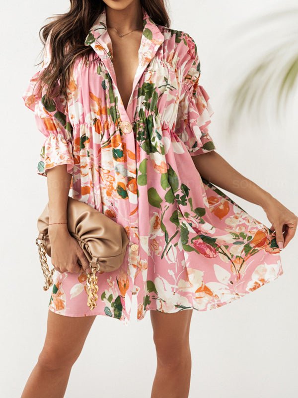 Floral Print Layered Sleeve Mini Dress