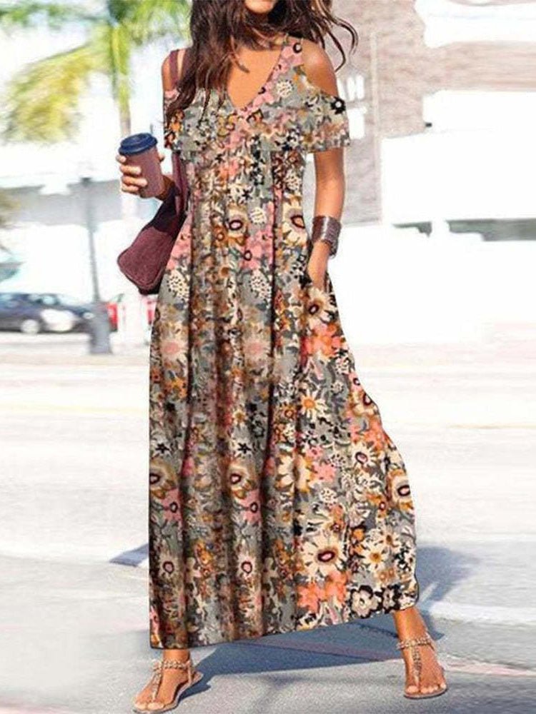 Maxi Dresses - Floral V-Neck Off-Shoulder Short Sleeve Dress - MsDressly