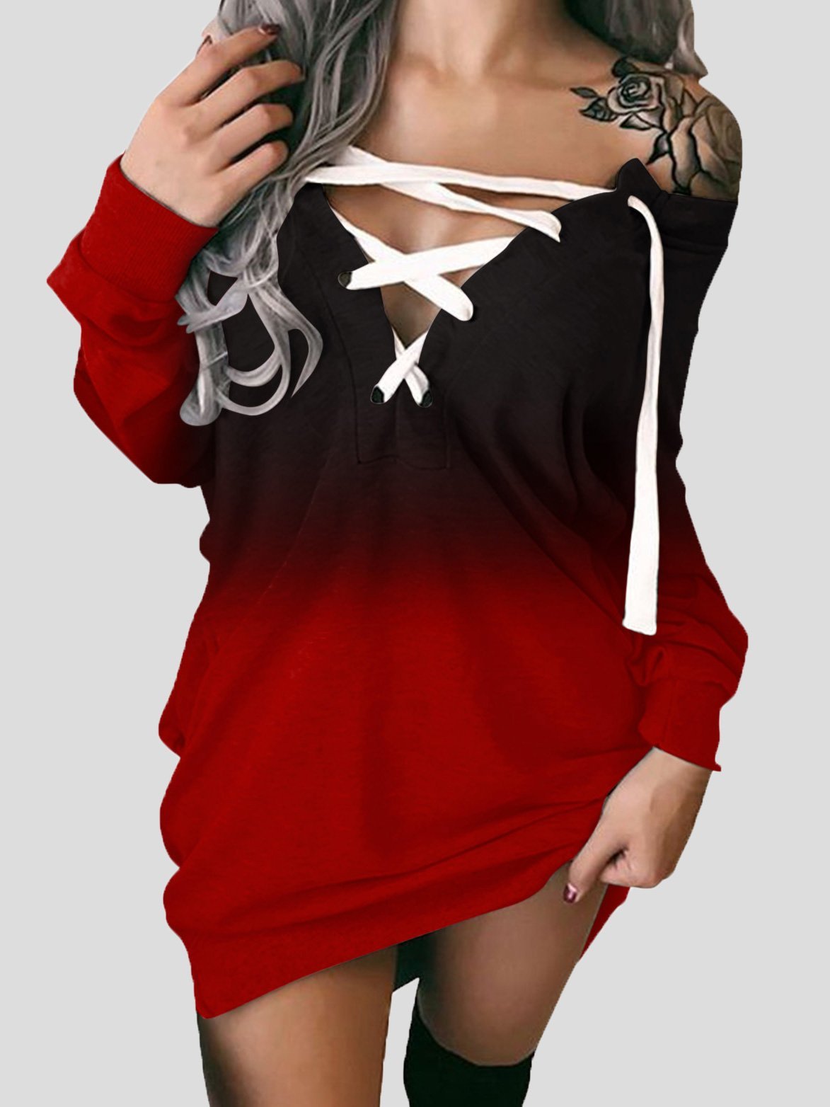 Mini Dresses - Gradient Long Sleeve Off Shoulder Tie Dress - MsDressly