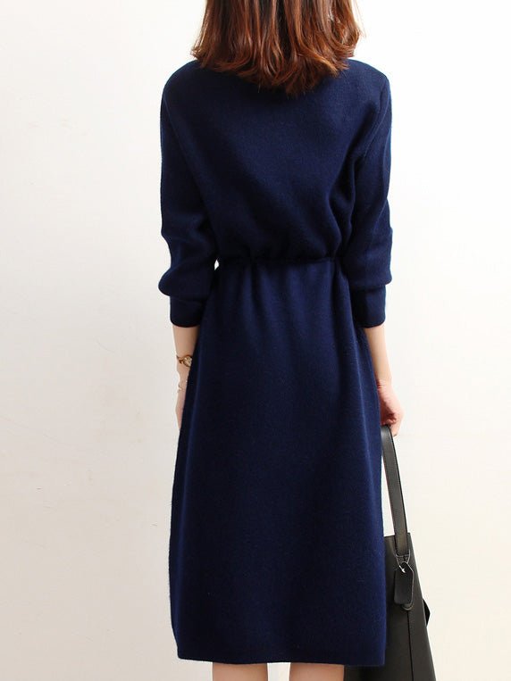 Midi Dresses - High Neck Elastic Waist Pocket Knit Dress - MsDressly