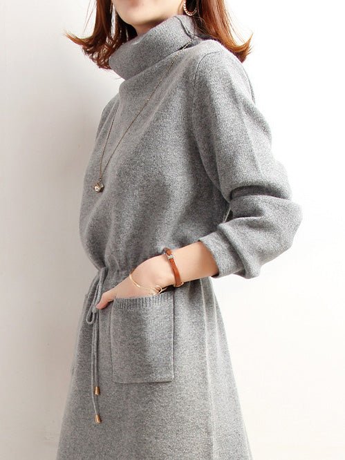 Midi Dresses - High Neck Elastic Waist Pocket Knit Dress - MsDressly