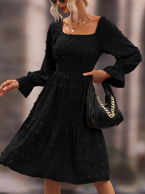 Midi Dresses - Jacquard Square Neck Long Sleeve Chiffon Dress - MsDressly