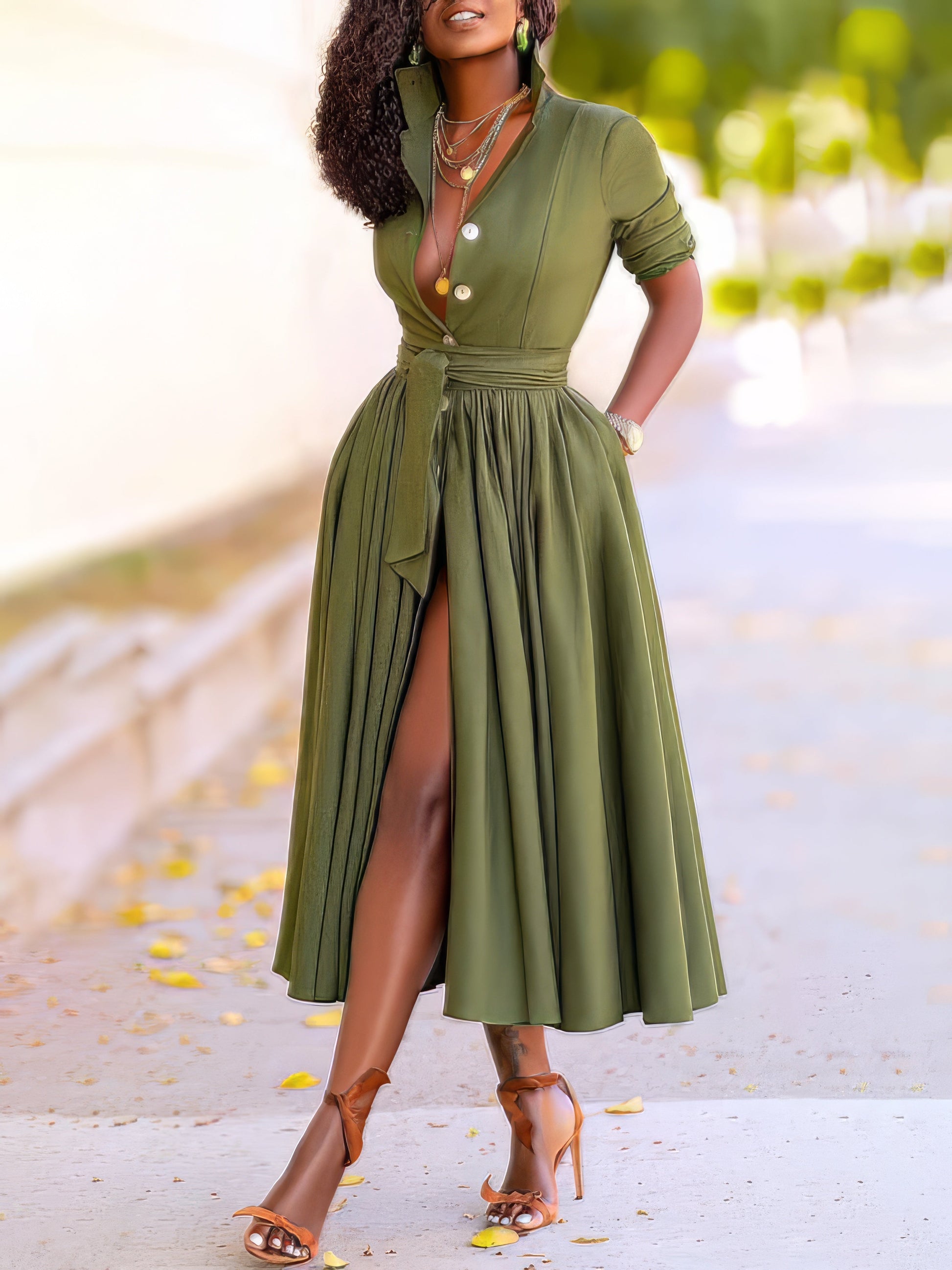 Maxi Dresses - Lapel Button Belt Mid Sleeve Shirt Dress - MsDressly