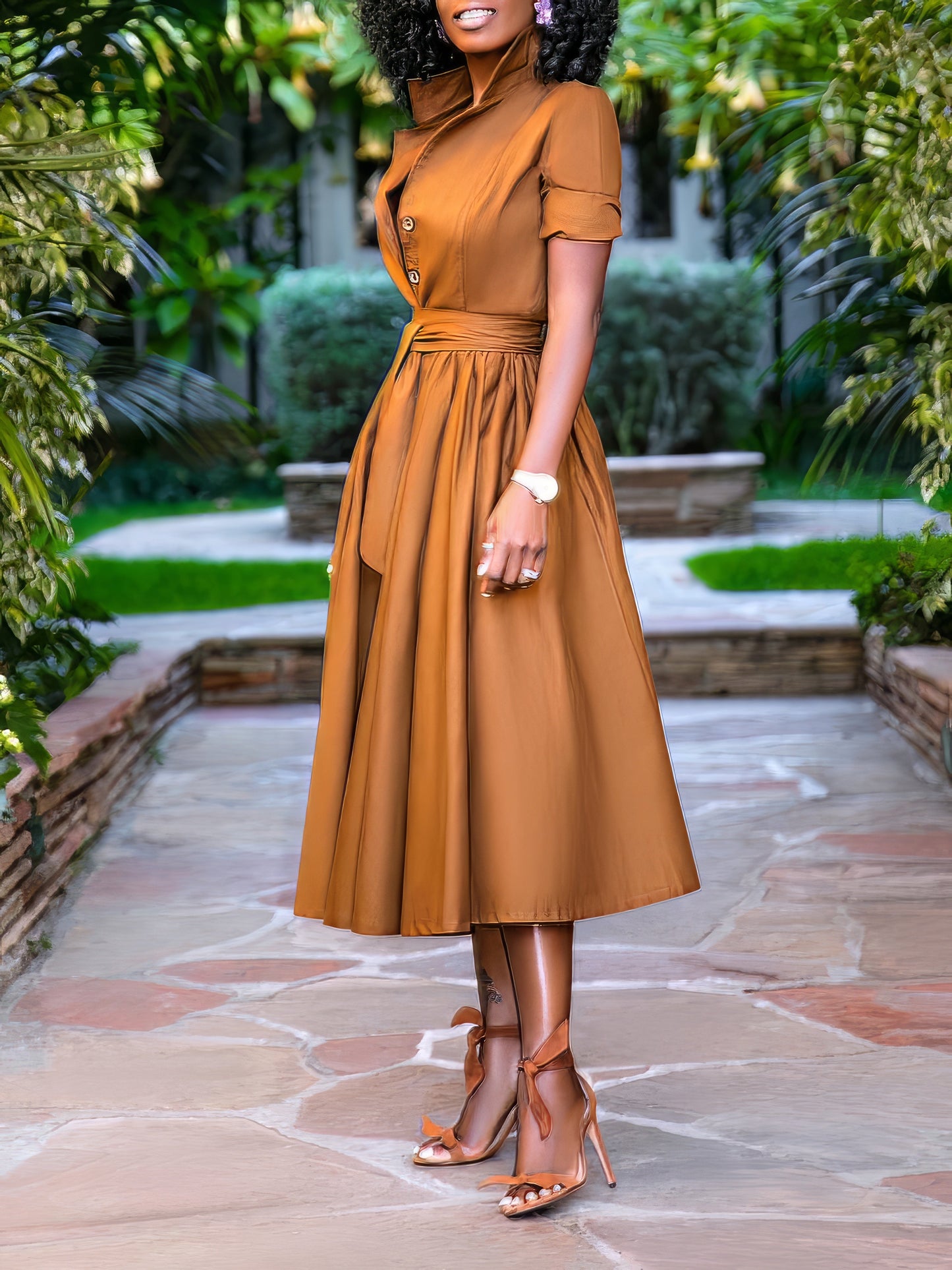 Maxi Dresses - Lapel Button Belt Mid Sleeve Shirt Dress - MsDressly