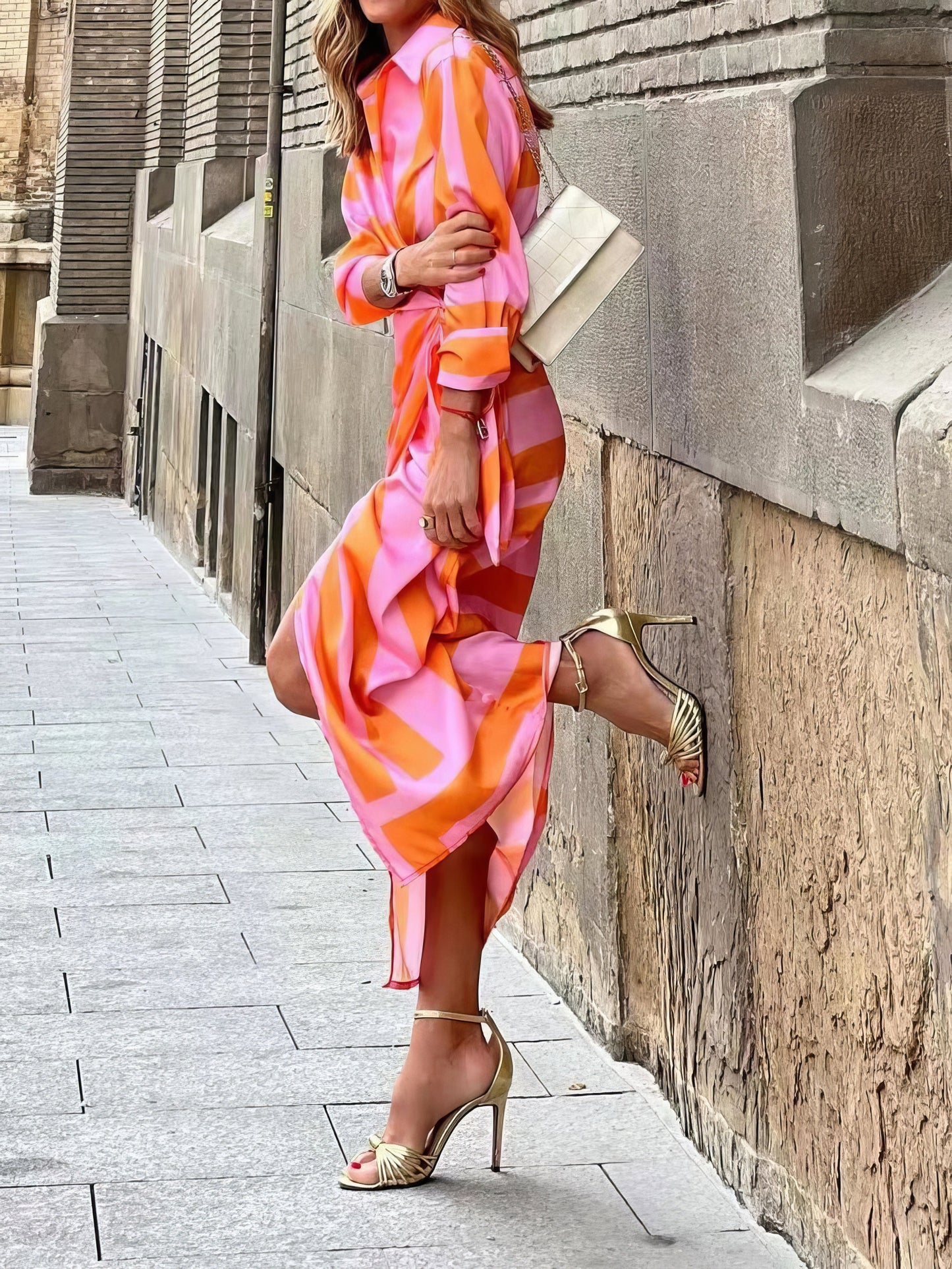 Maxi Dresses - Lapel Striped Print Belted Long Sleeve Dress - MsDressly