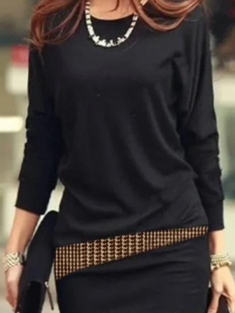 Mini Dresses - Loose Round Neck Bat Long Sleeve Dress - MsDressly