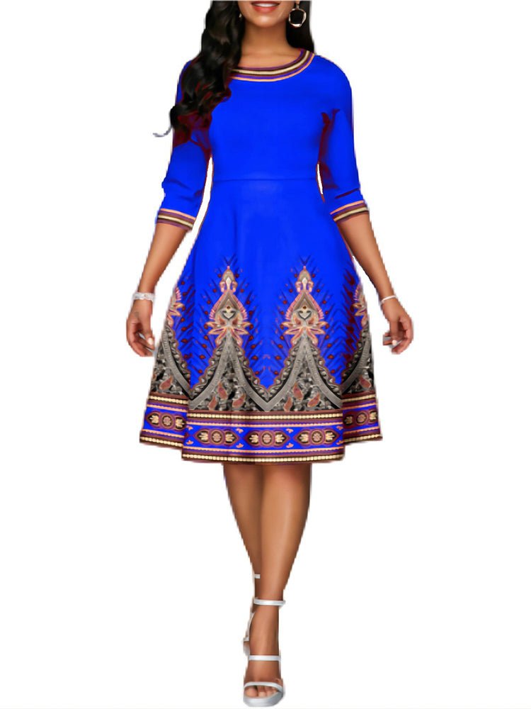 Midi Dresses - National Style Printed High Waist Mid Sleeve Midi Dress - MsDressly
