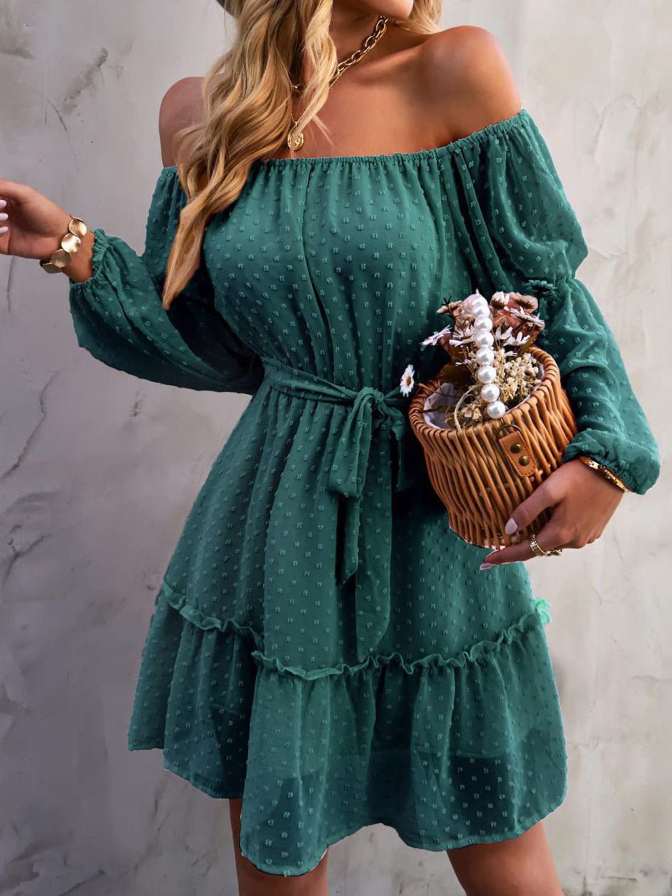 Mini Dresses - One-Shoulder Jacquard Long-Sleeve Dress - MsDressly