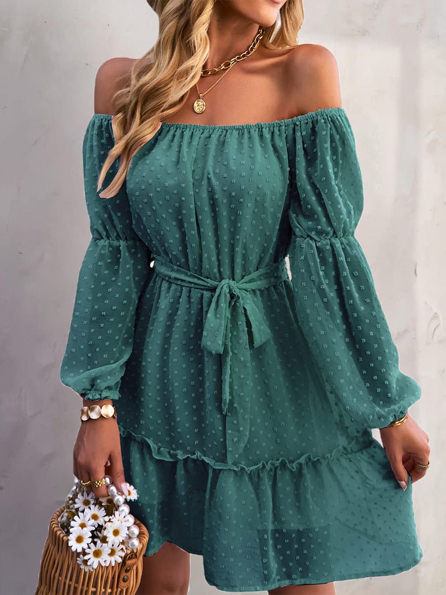 Mini Dresses - One-Shoulder Jacquard Long-Sleeve Dress - MsDressly