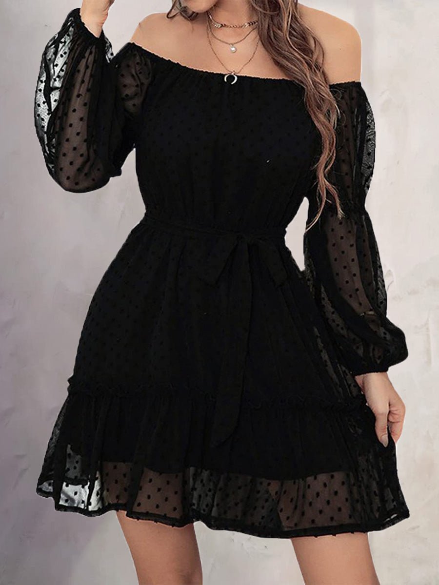 Mini Dresses - One-Shoulder Jacquard Long-Sleeve Dress - MsDressly