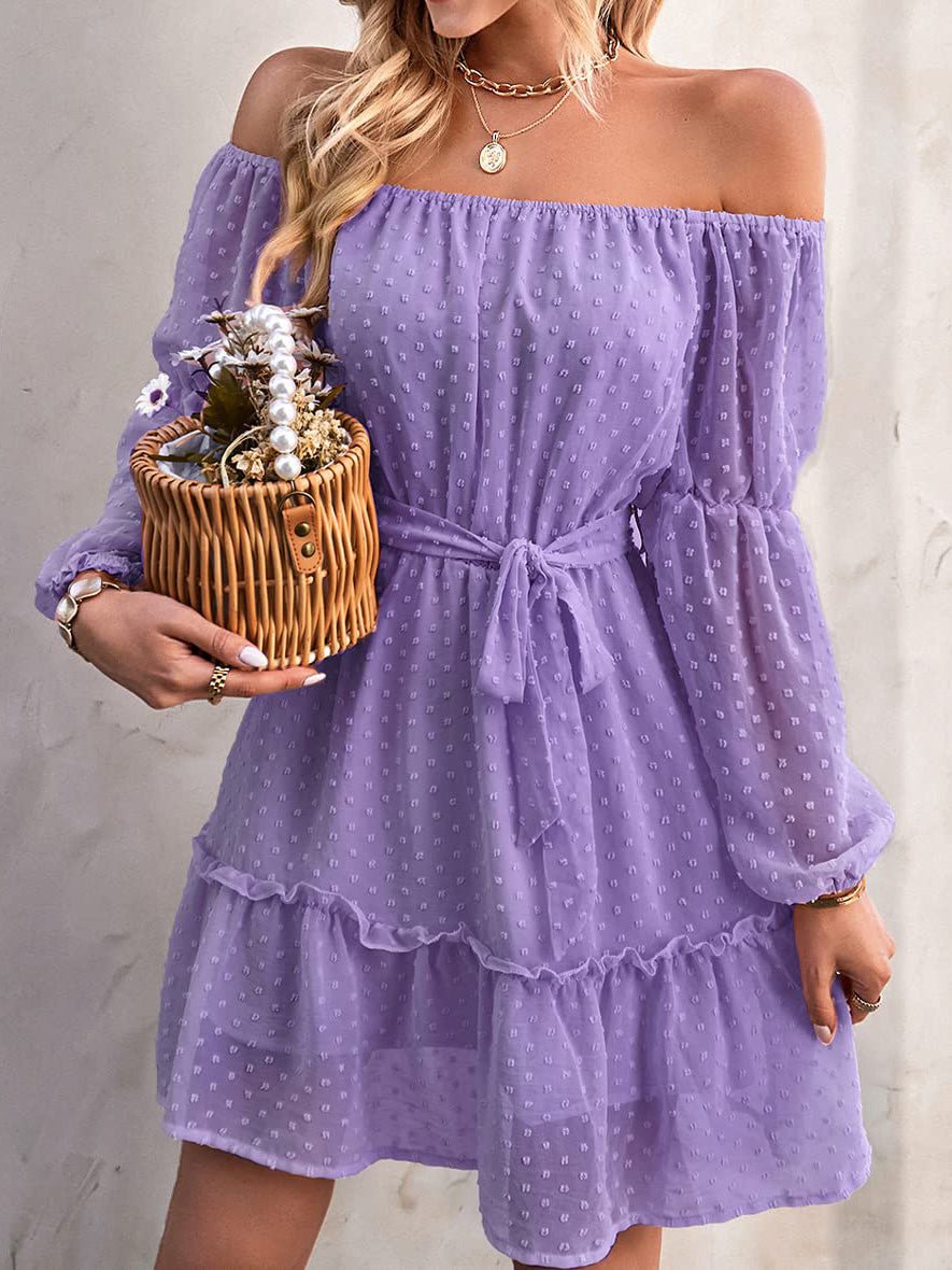 Mini Dresses - One-Shoulder Jacquard Long-Sleeve Dress - MsDressly