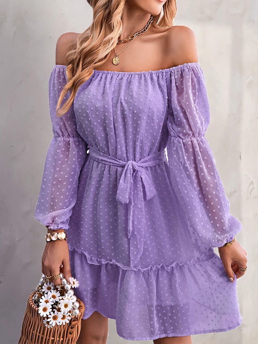 Mini Dresses - One-Shoulder Jacquard Long-Sleeve Dress - MsDressly