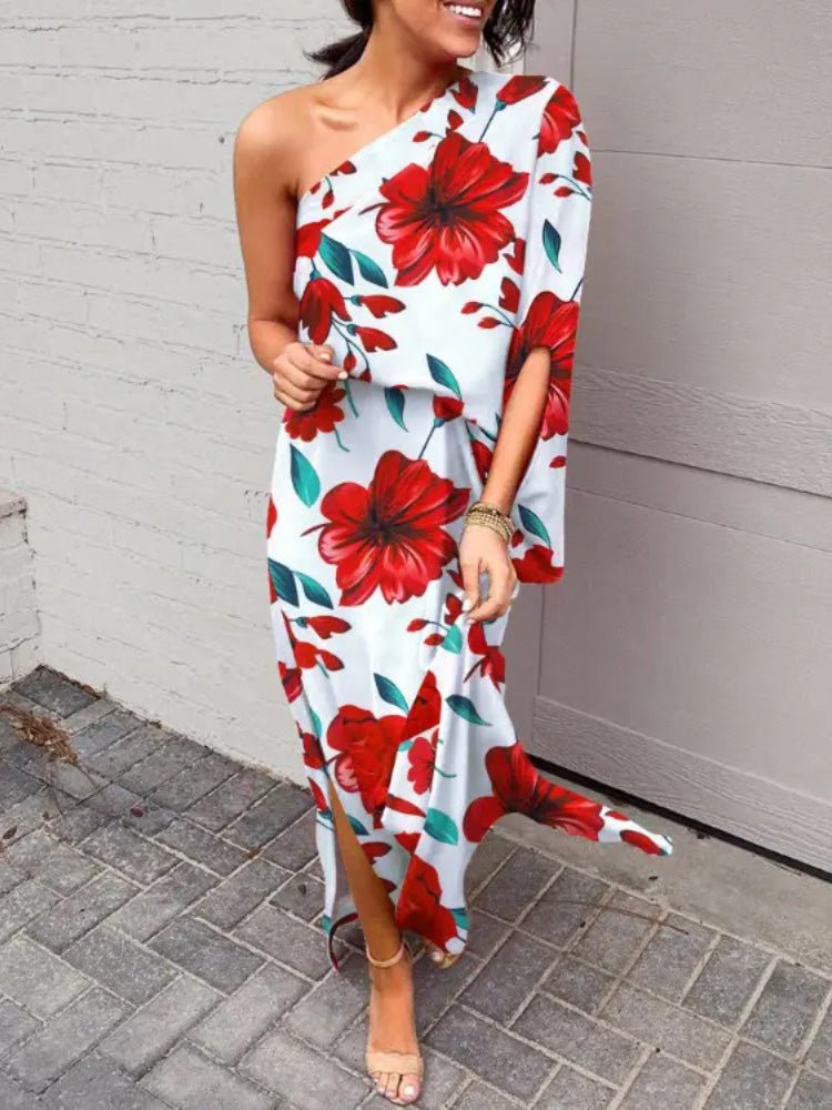 Maxi Dresses - One Shoulder Slit Print Dress - MsDressly