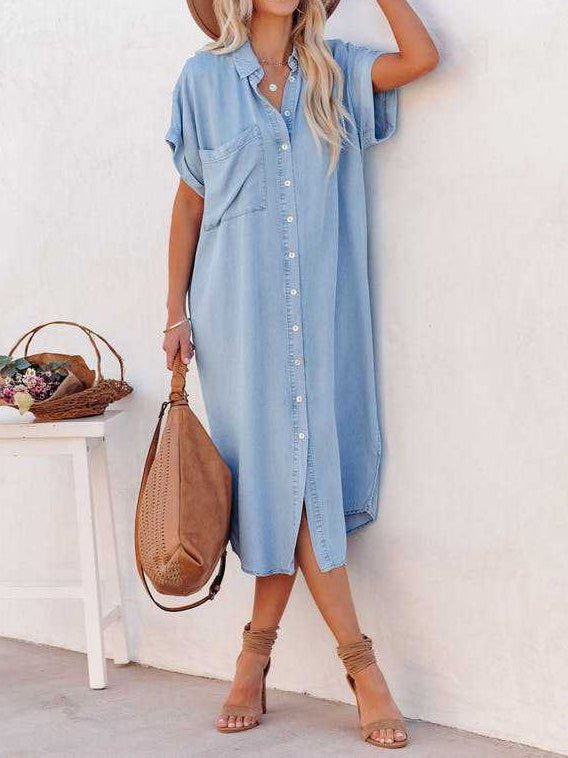 Maxi Dresses - Pocket Short Sleeve Denim Slit Shirt Dress - MsDressly