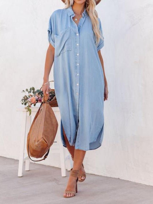 Maxi Dresses - Pocket Short Sleeve Denim Slit Shirt Dress - MsDressly