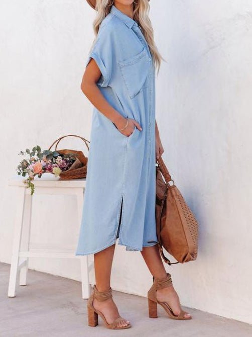 Maxi Dresses - Pocket Short Sleeve Denim Slit Shirt Dress - MsDressly