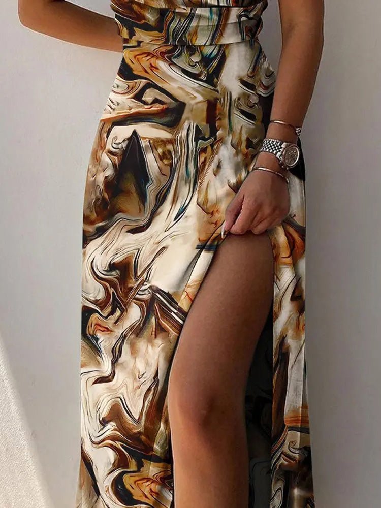 Maxi Dresses - Printed Sling V-Neck Slit Dress - MsDressly