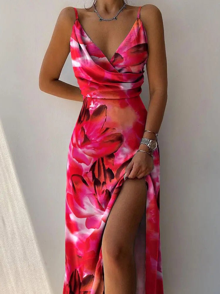 Maxi Dresses - Printed Sling V-Neck Slit Dress - MsDressly