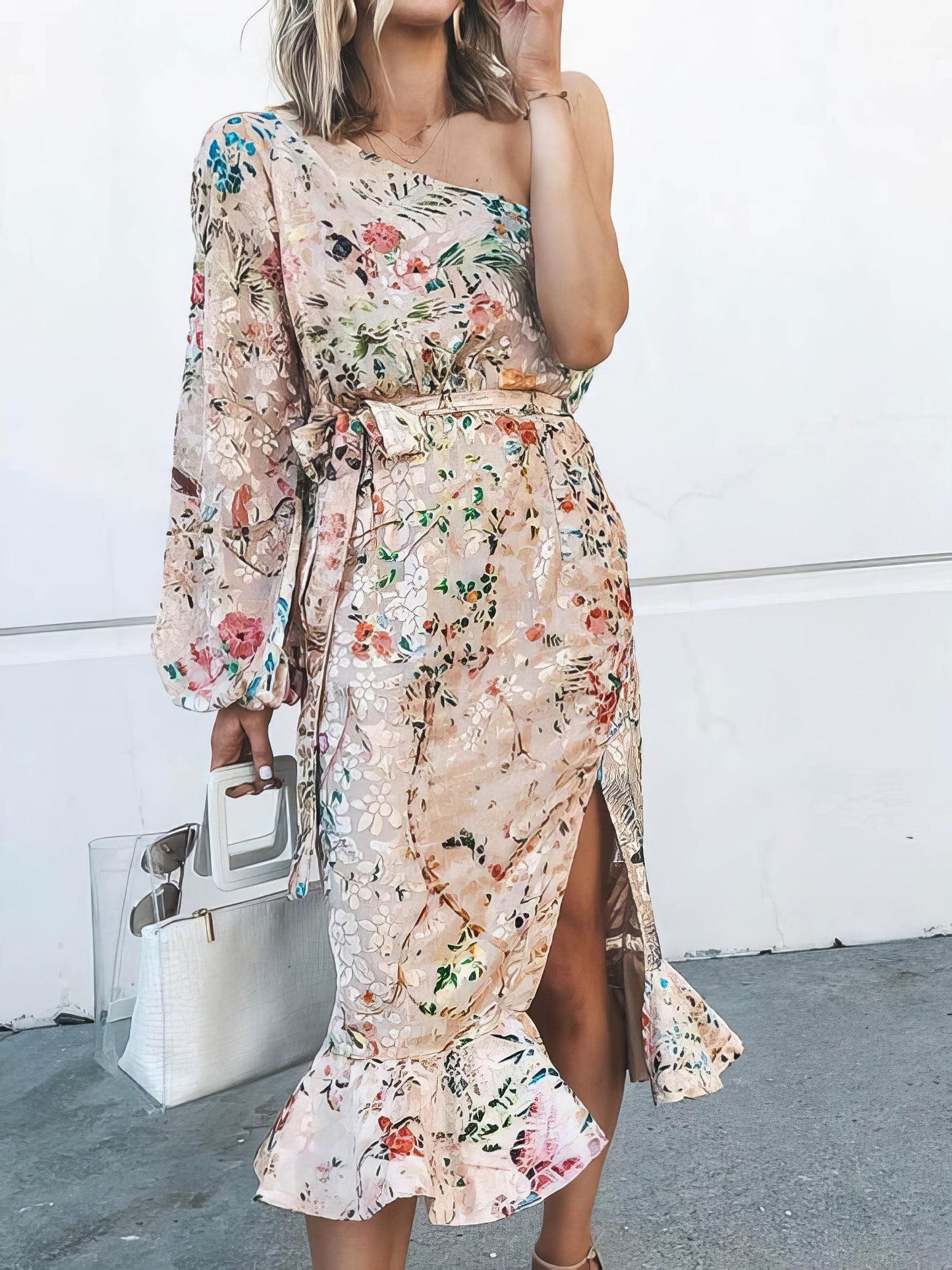 Maxi Dresses - Printed Sloping Shoulder Slit Ruffle Dress - MsDressly