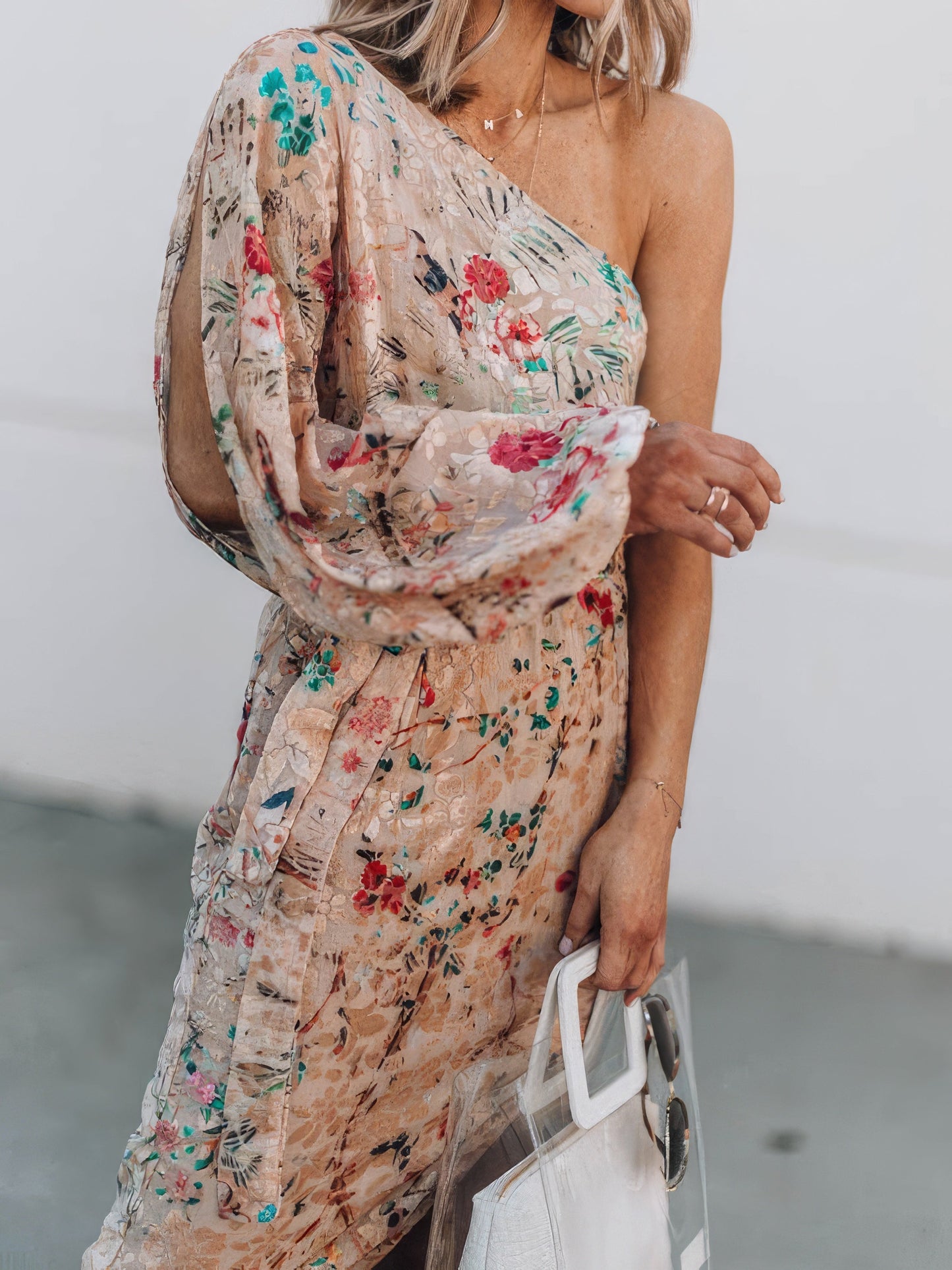 Maxi Dresses - Printed Sloping Shoulder Slit Ruffle Dress - MsDressly