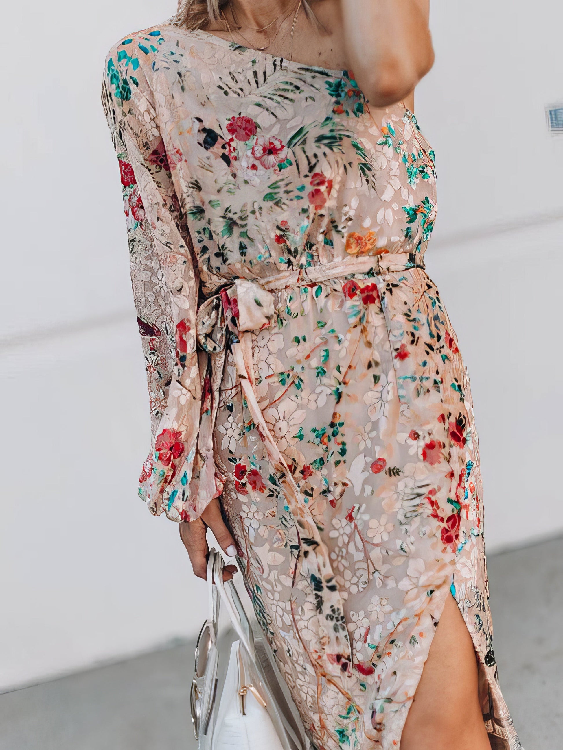 Maxi Dresses - Printed Sloping Shoulder Slit Ruffle Dress - MsDressly