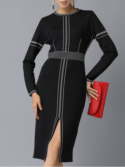 Round Neck Long Sleeve Slim Fit Slit Dress