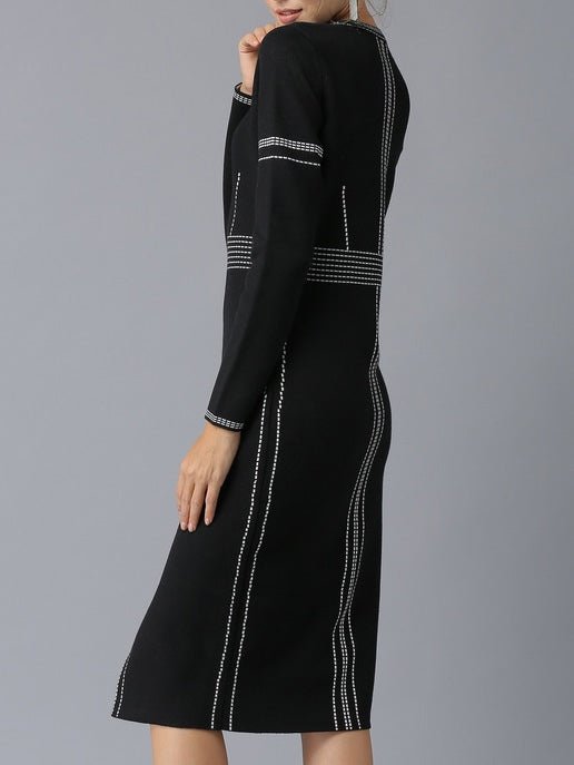 Midi Dresses - Round Neck Long Sleeve Slim Fit Slit Dress - MsDressly