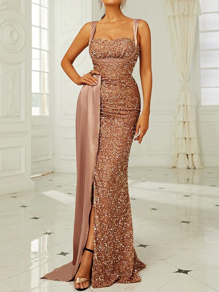 Sequin Backless Irregular Slit Party Dress