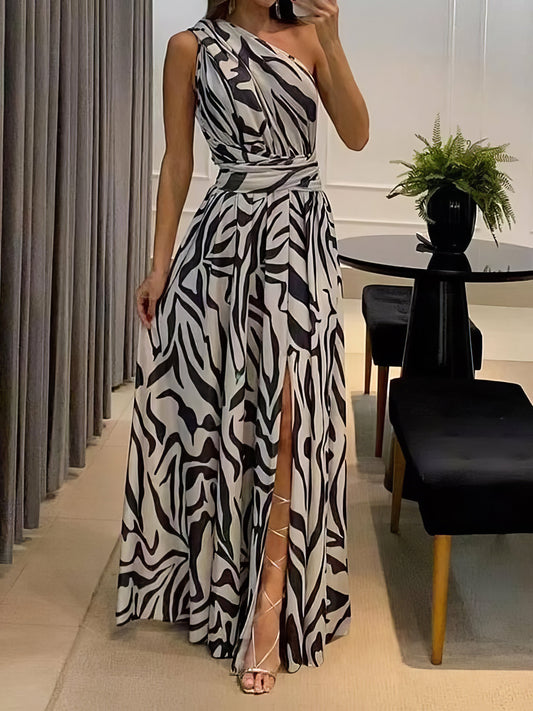 Sexy Slip Back Printed One Shoulder Sleeveless Maxi Dress