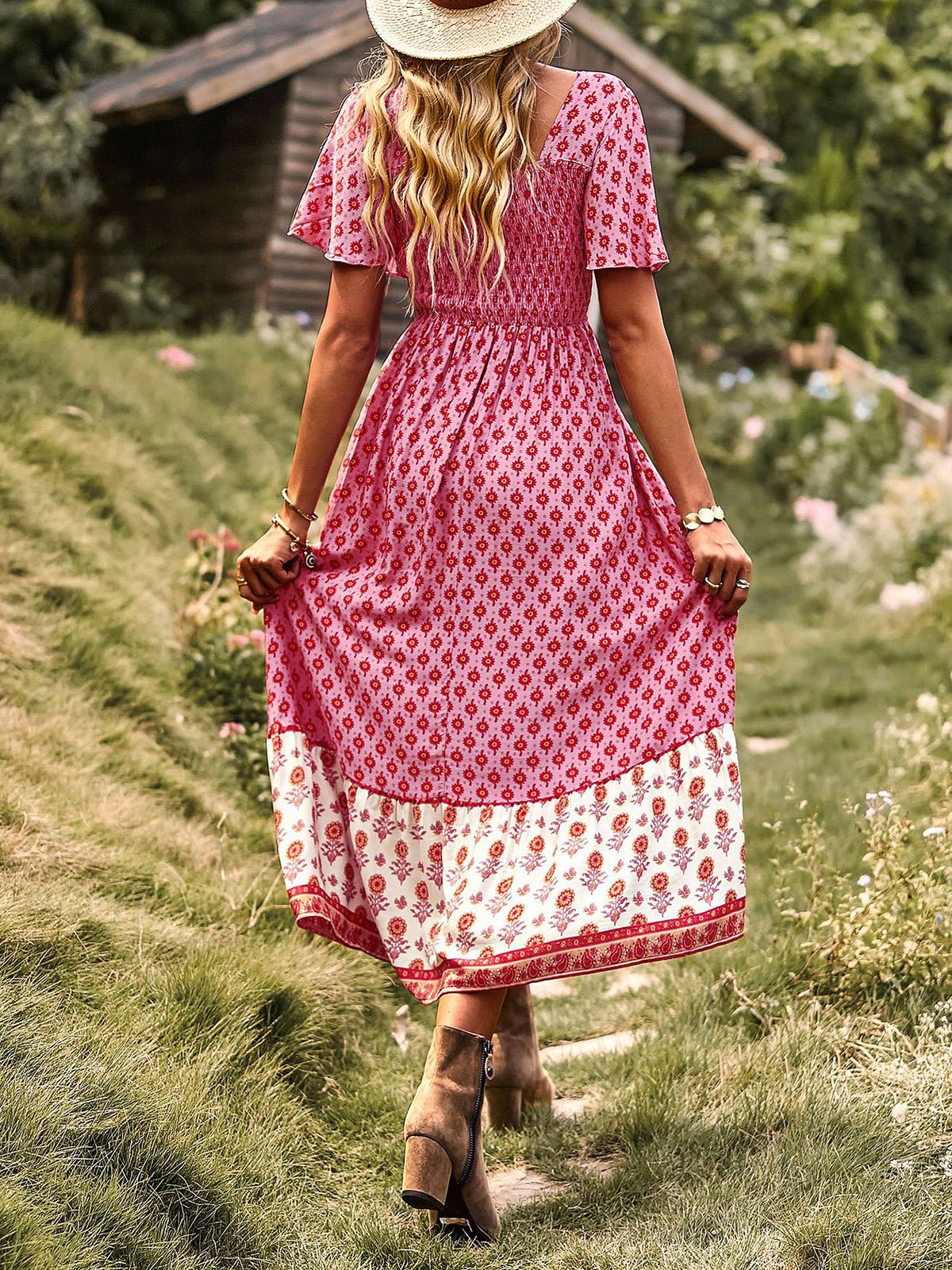 Midi Dresses - Short Sleeved Bohemian Casual Midi Dress - MsDressly