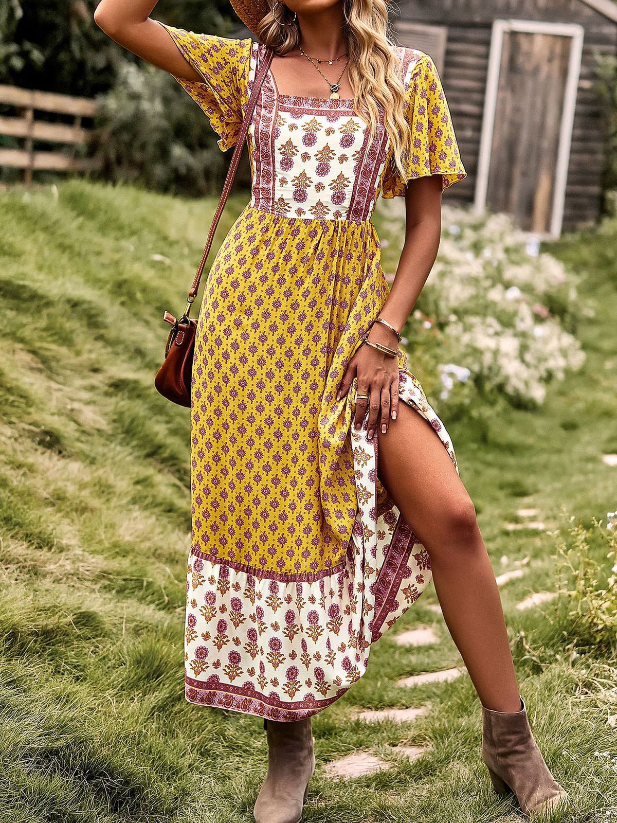 Midi Dresses - Short Sleeved Bohemian Casual Midi Dress - MsDressly