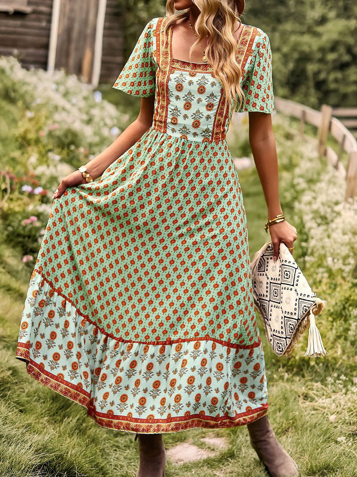 Midi Dresses - Short Sleeved Bohemian Casual Midi Dress - MsDressly