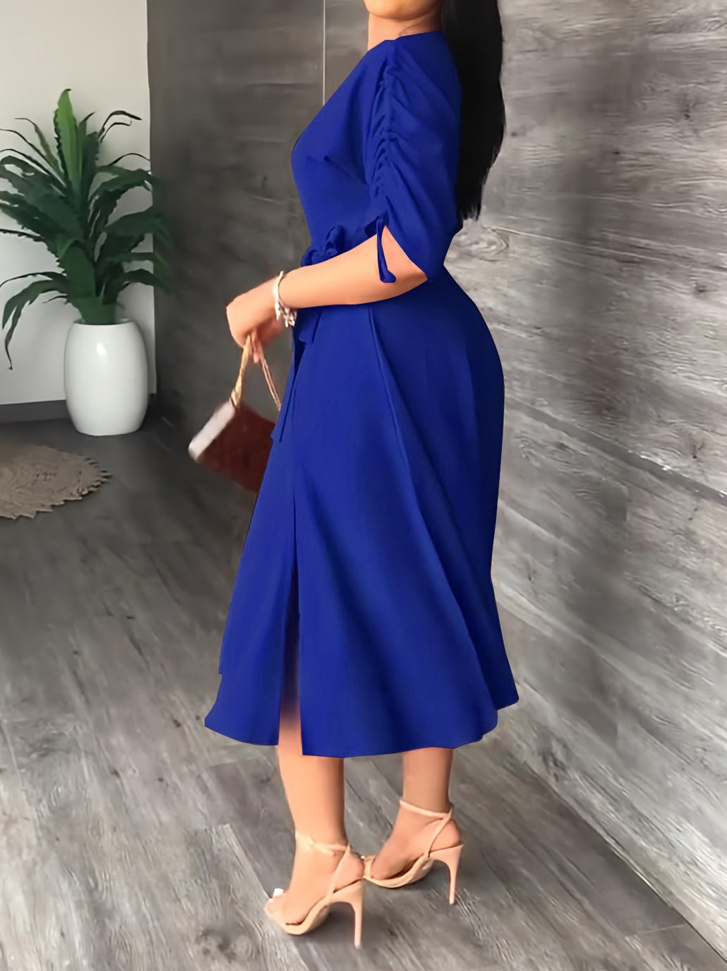 Maxi Dresses - Sloping Shoulder Tie Mid Sleeve Dress - MsDressly