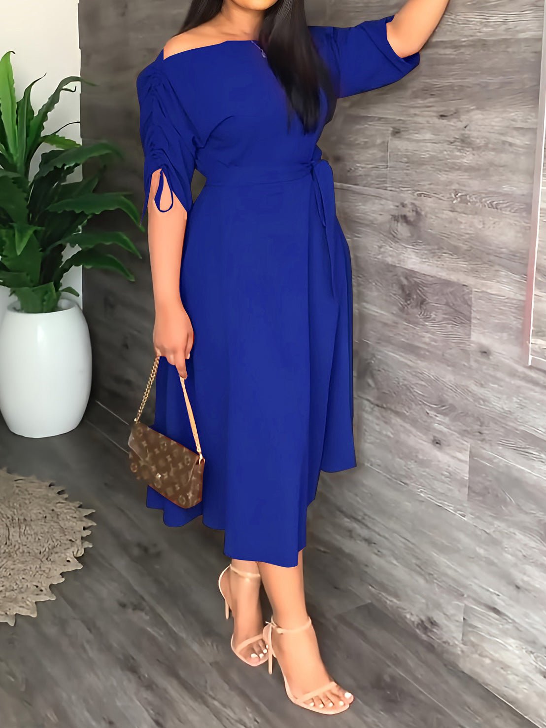 Maxi Dresses - Sloping Shoulder Tie Mid Sleeve Dress - MsDressly