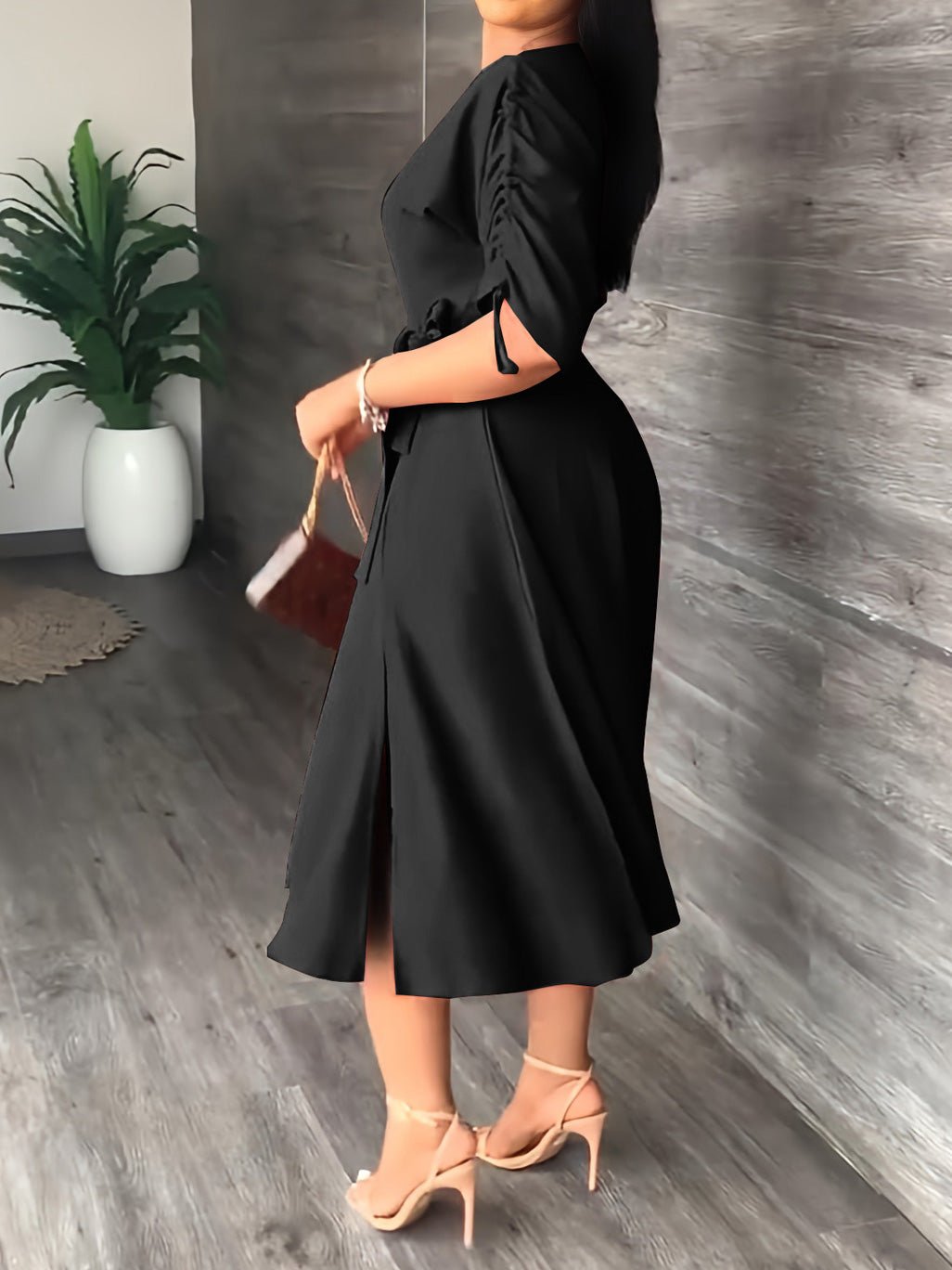 Maxi Dresses - Sloping Shoulder Tie Mid Sleeve Dress - MsDressly