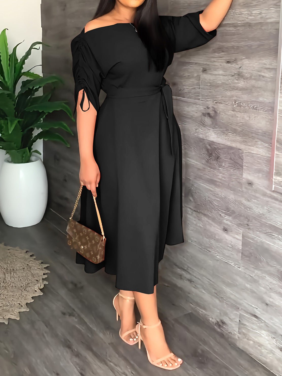 Maxi Dresses - Sloping Shoulder Tie Mid Sleeve Dress - MsDressly