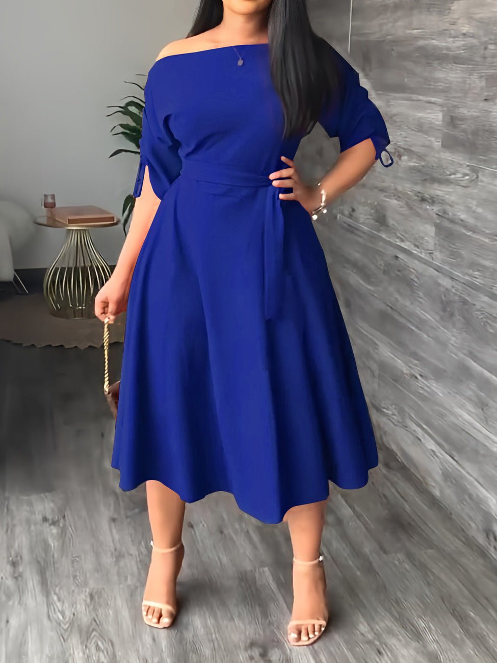 Maxi Dresses - Sloping Shoulder Tie Mid Sleeve Dress - MsDressly